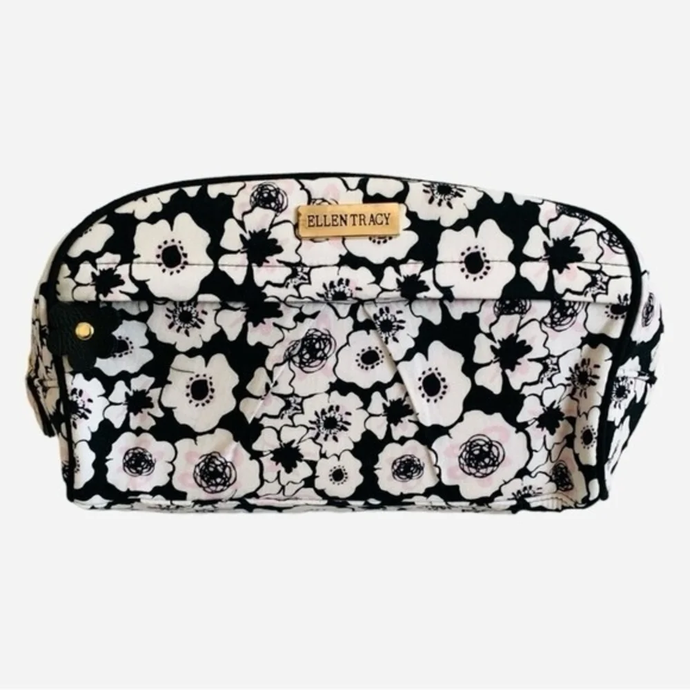 Ellen Tracy Floral Makeup Bag Black White Pink Cosmetic Organizer Travel Case
